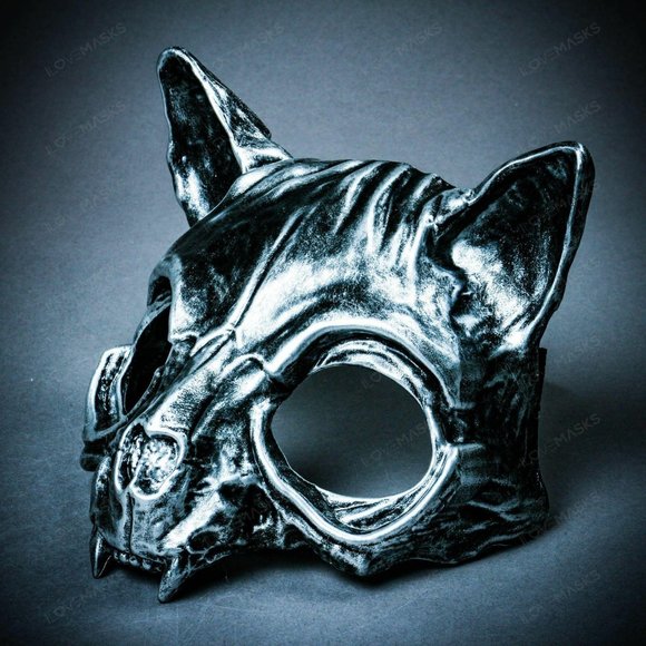 Silver Vampire Skull Cat Halloween Masquerade Robot Cat Costume Party Face Mask - Picture 5 of 7